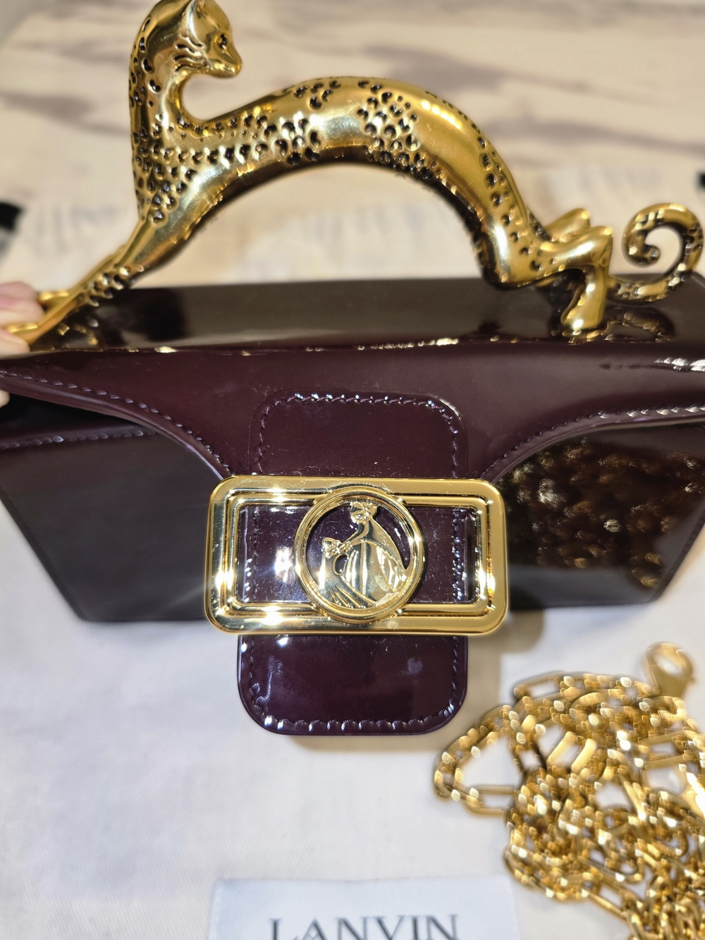 Lanvin Patent Mini Bag in Deep Plum with Gold Cat Handle - Picture 6 of 16
